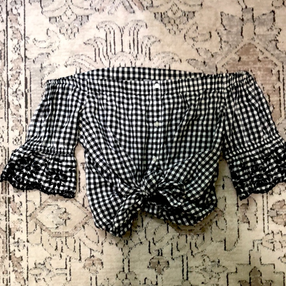 Checkered Black and white off the shoulder top.